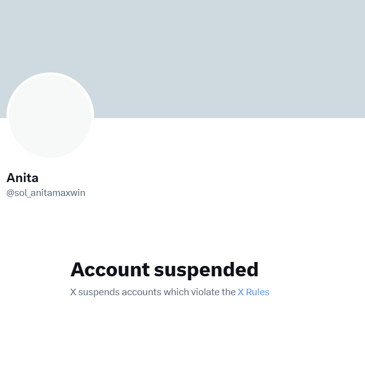 Screenshot of the suspended X account of the $ANITA memecoin