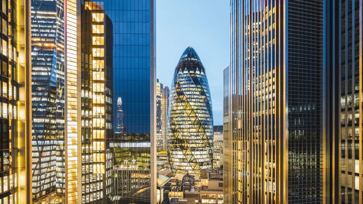 "The Gherkin" building among high rise buildings in London