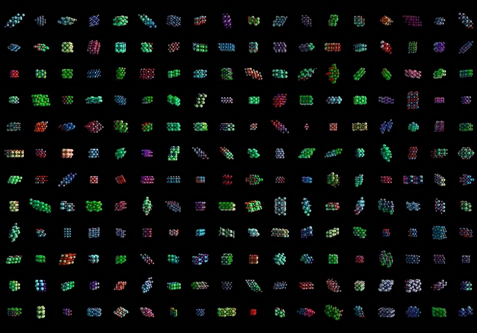 Illustration of new compounds being tested to illustrate the MatterGen diffusion model from Microsoft that uses AI to speed up materials discovery.