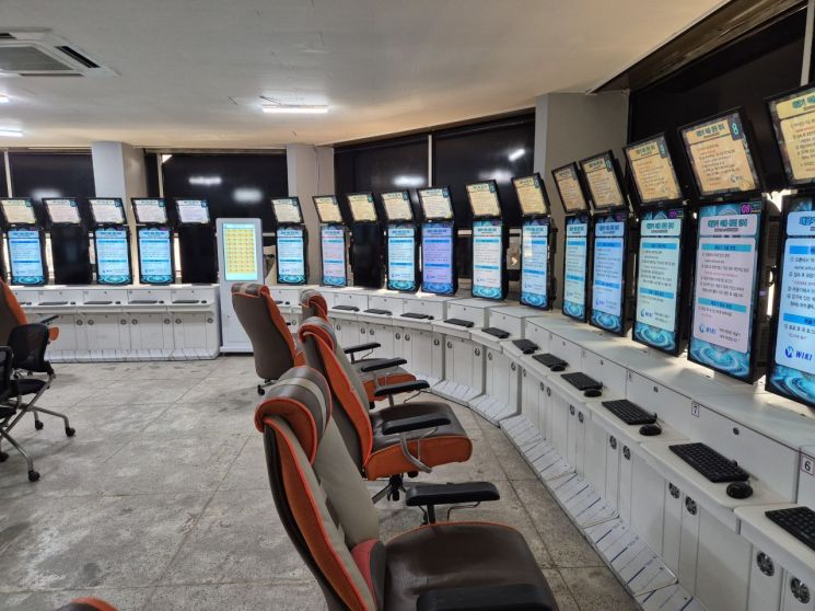 Inside a suspected illegal gambling room in an office in Gwangsan, Gwangju. Police say they seized 50 gambling machines from a facility disguised as a crypto mining center.