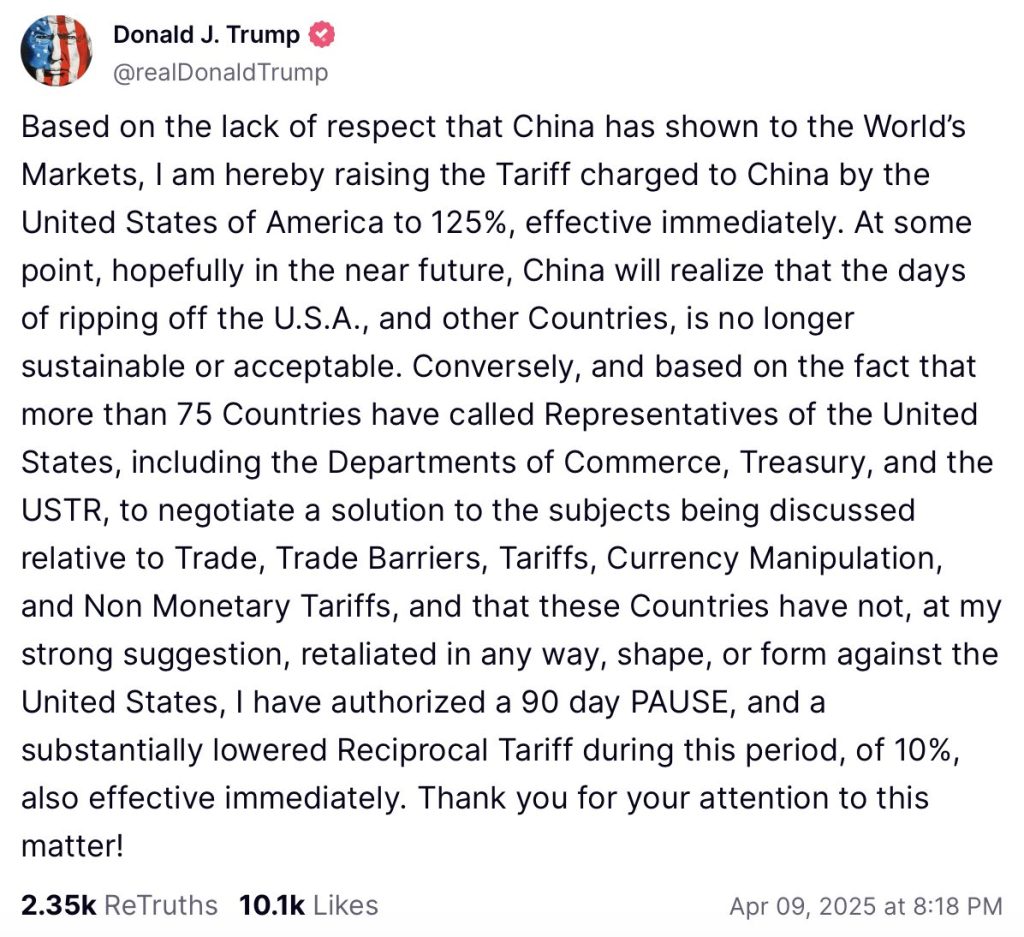 Trump Hikes China Tariffs to 125%, Grants 90-Day Delay for Other Nations
